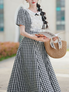 Black and White Plaid Lace Peter Pan Collar 1950s Vintage Dress