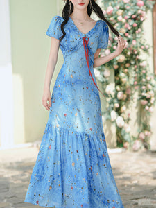 Blue Starry Night Sky Tie Dye V Neck Puff Sleeve Vintage Dress