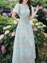 Load image into Gallery viewer, Blue Pearl-encrusted Collar Embroidered Lace 1950s Dress