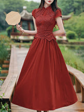 Load image into Gallery viewer, Red Cheongsam Cap Sleeve Lace Vintage Dress