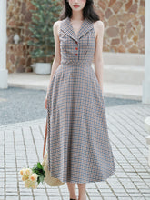 Load image into Gallery viewer, Grey V Neck Plaid Vintage Dress