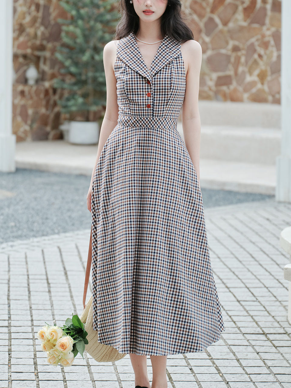 Grey V Neck Plaid Vintage Dress