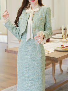 Vintage 1940s Mint Green Tweed Skirt Suit Set Bow Collar & Matching Jacket