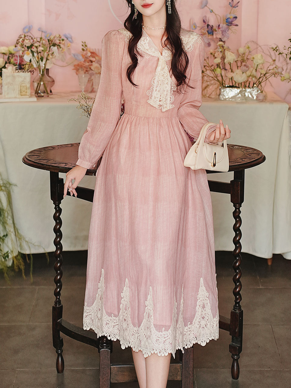 Romantic Vintage Pink Long Sleeve Dress with Lace Sailor Collar