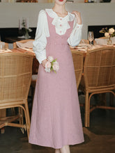 Load image into Gallery viewer, Pink Tweed Fake Two-Piece Dress with Ruffle Collar Vintage Dress