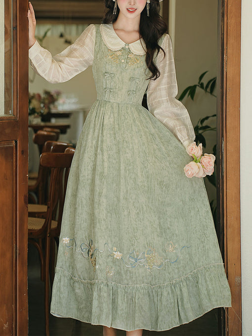 Green Peter Pan Collar  Luxurious Embroidered Long Sleeve Vintage Dress