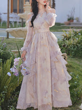 Load image into Gallery viewer, Vintage 1970s Floral Print Lavender Chiffon Ruffled Off-Shoulder Long Sleeve Maxi Dress