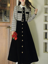 Load image into Gallery viewer, Black Tweed Fake Two-Piece Long Sleeve Vintage Dress
