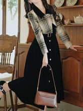 Load image into Gallery viewer, Black Plaid Tweed Fake Two-Piece Long Sleeve Vintage Dress