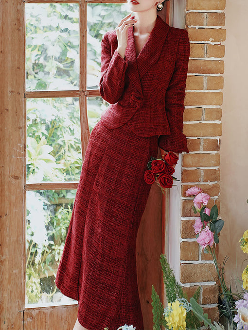 Warm Christmas Red Tweed Blazer and Skirt Set