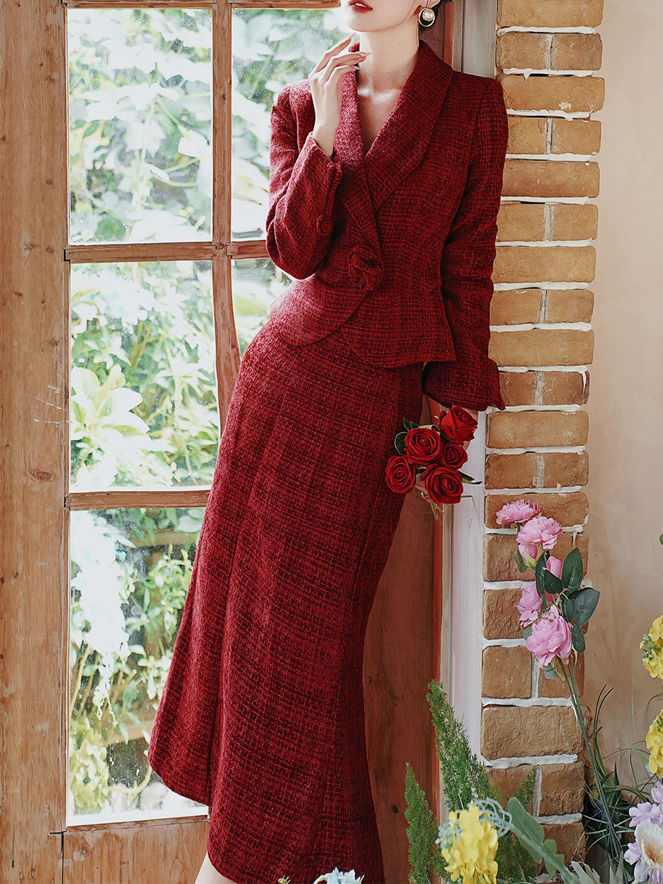 Warm Christmas Red Tweed Blazer and Skirt Set