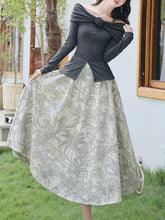 Load image into Gallery viewer, Gray Off Shoulder Slit Knit Top and Floral Jacquard Maxi Skirt Set
