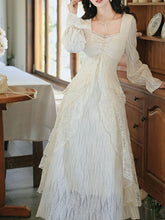 Load image into Gallery viewer, White Lace Ruffle Long Sleeve Sequined Vintage Dress