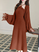 Load image into Gallery viewer, Vintage 1950s Green Knit Handmade Rose Collar Halter Dress Set Matching Shawl
