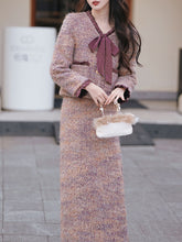 Load image into Gallery viewer, 2PS Purple Bow Tweed Warm Coat With Skirt 1950S Vintage Set
