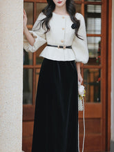 Load image into Gallery viewer, 2PS White Crew Neck Tweed Warm Coat With Black Swing Skirt 1950S Vintage Audrey Hepburn's Style Outfits