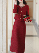 Load image into Gallery viewer, 2PS Red Luxurious Sequined Warm Tweed Coat With Skirt 1950S Vintage Suit