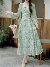 Load image into Gallery viewer, 2PS Green Floral Print Lace Dress with Matching Cardigan