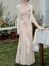 Load image into Gallery viewer, Pink Floral Print Spaghetti Strap Fishtail Flared Vintage Maxi Dress