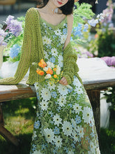 Load image into Gallery viewer, 2PS Green Floral Lace Dress with Green Knit Mesh Cardigan