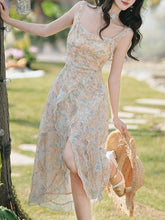 Load image into Gallery viewer, 2PS Apricot Floral Printed Spaghetti Strap High-low Ruffled Hem Vintage Dress With Cardigan Suit