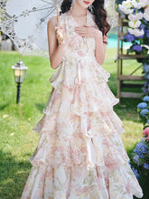 Load image into Gallery viewer, Pink Floral Print Halter Neck Backless Vintage Dress