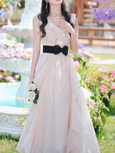 Load image into Gallery viewer, Pink Flowy Ruffle V-Neck Dress with Black Bow Belt