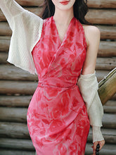 Load image into Gallery viewer, Red Rose Floral Halter Wrap Maxi Dress with High Slit
