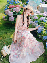 Load image into Gallery viewer, 2PS Pink Ruffles Floral Printed Spaghetti Strap Vintage Dress With Cardigan Suit
