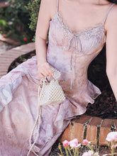 Load image into Gallery viewer, 2PS Purple Ruffles Floral Printed Spaghetti Strap Vintage Dress With Cardigan Suit