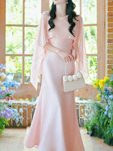 Load image into Gallery viewer, Flowing Chiffon Cape Satin Maxi Dress for Wedding