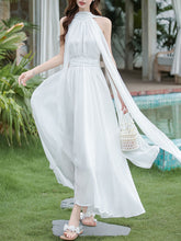 Load image into Gallery viewer, Audrey Hepburn style White Halter Neck Muse Maxi Dress with Long Flowing Scarf