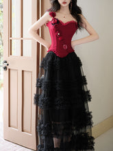 Load image into Gallery viewer, Gothic Red Corset Tiered Tulle Maxi Dress  Rose Asymmetric Ruffle Dark Romantic Party Gown