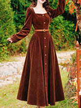 Load image into Gallery viewer, Vintage Brown Velvet Square Neck Puff Sleeve Button-Down Midi Dress