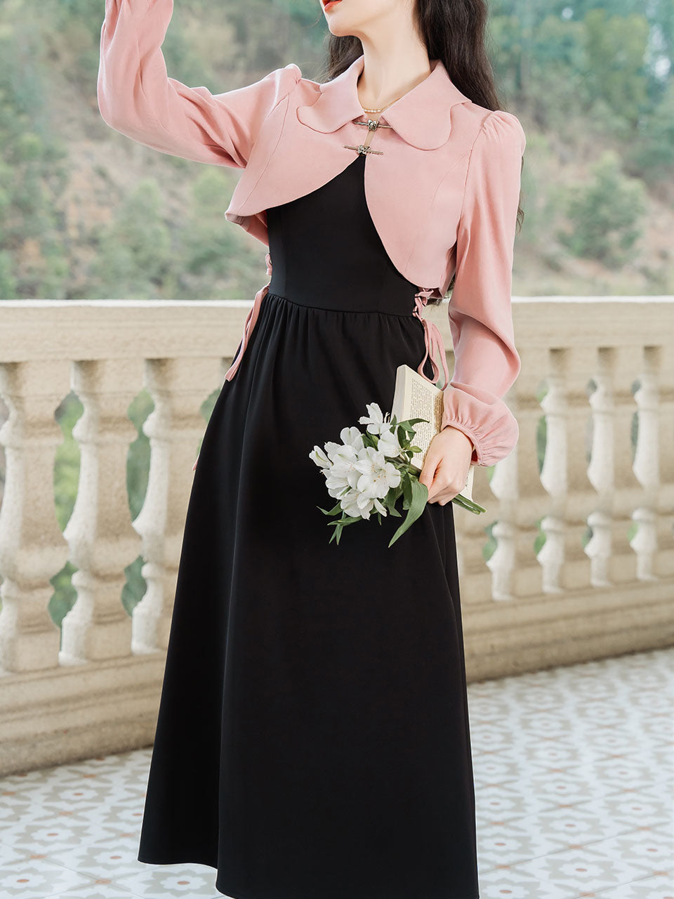 2PS Pink Long-sleeved Short Coat And bBlack Suspender Dress Set, Pink / S