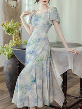 Load image into Gallery viewer, Blue Floral Printed Off-shoulder Fishtail Dress
