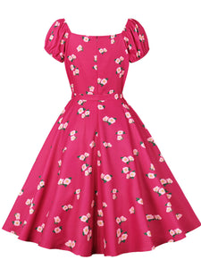 Fuchsia Floral Print Sweet Heart Collar Cap Sleeve 1950S Vintage Swing Dress