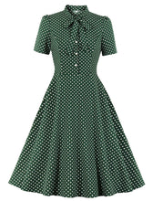 Load image into Gallery viewer, 1950s Dark Green Polka Dots Bow Collar Vintage Swing Dress