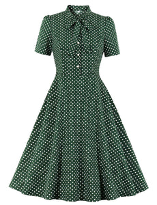 1950s Dark Green Polka Dots Bow Collar Vintage Swing Dress