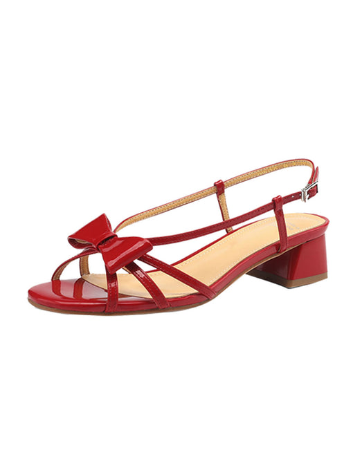 Women's Round Open Toe Bow Chunky Heel Sandals Leather Vintage Shoes
