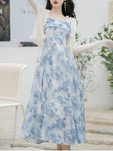 Load image into Gallery viewer, 2PS Blue Rose Spaghetti Strap 1950S Vintage Dress With Long Sleeve Cardigan