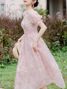 Pink Square Neck Embroidered Princess Sleeve Corset Vintage Dress