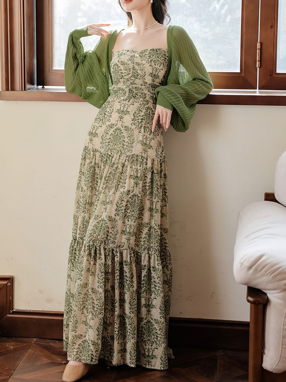 Green Bohemian Floral Print Chiffon Maxi Dress Prom Dress With Cardigan Jolly Vintage Green Bohemian Floral Print Chiffon Maxi Dress Prom Dress With Cardigan Jolly Vintage