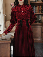 Load image into Gallery viewer, 2PS Wine Red Ruffles Velvet Shirt and Strap Dress Suit