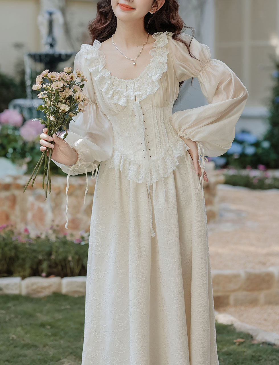 Sweet Victorian Ruffles Corset Long Sleeve Wedding Maxi Dress with Wedding Veil Apricot / L Sweet Victorian Ruffles Corset Long Sleeve Wedding Maxi Dress with Wedding Veil Apricot / L
