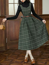Load image into Gallery viewer, 2PS Black Turtleneck Sweater With Vinatge Green Plaid Suspender Corduroy Dress