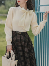 Load image into Gallery viewer, 2PS White Bow Knitted Sweater Top With Plaid Skirt Vintage 1950s Suits