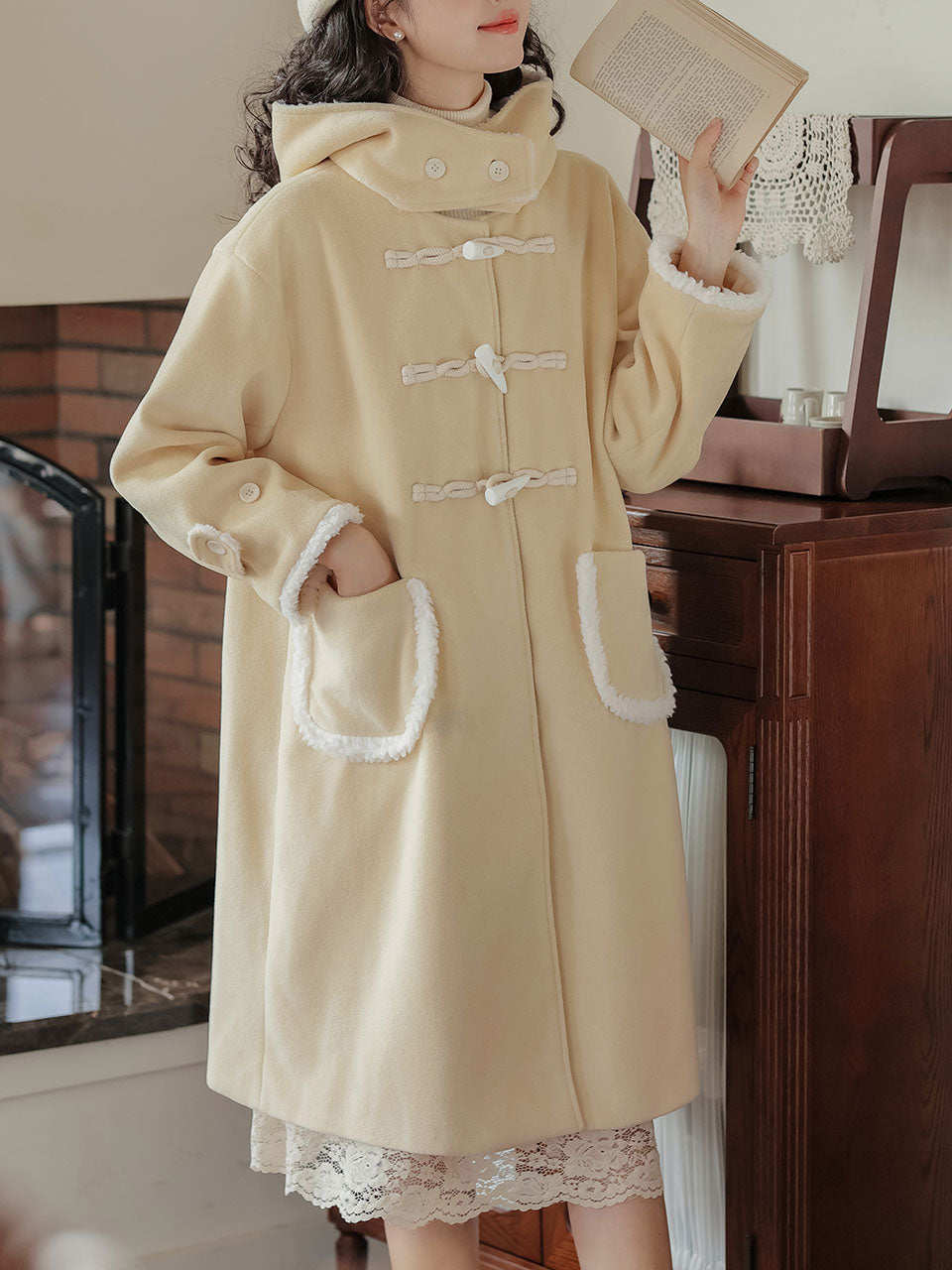 Yellow Hooded Horn Button Coat Women's Winter Coat