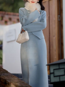 2PS Light Blue Rounded Flat Long Sleeve Wool Coat With Skirt Suit