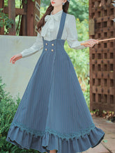Load image into Gallery viewer, 2PS White Bowknot Shirt And Blue Stripe Swing Strap Dress 1950S Dresss Set
